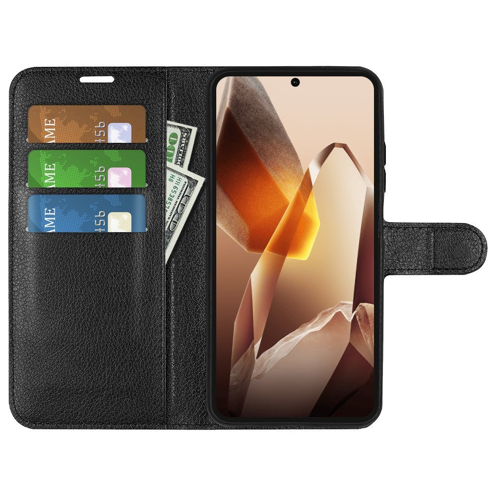 EIDERWOOD OnePlus 13 Stødresistent Læder Wallet Cover med Litchi Tekstur - Sort