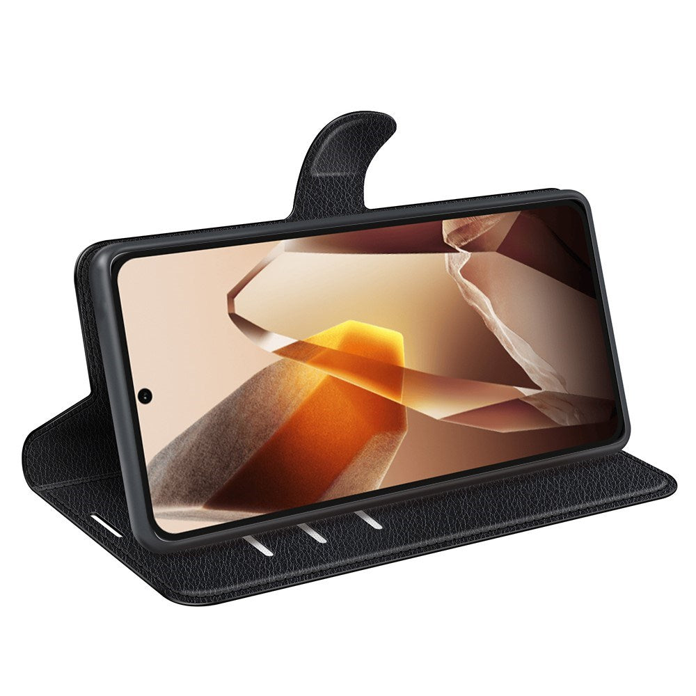 EIDERWOOD OnePlus 13 Stødresistent Læder Wallet Cover med Litchi Tekstur - Sort