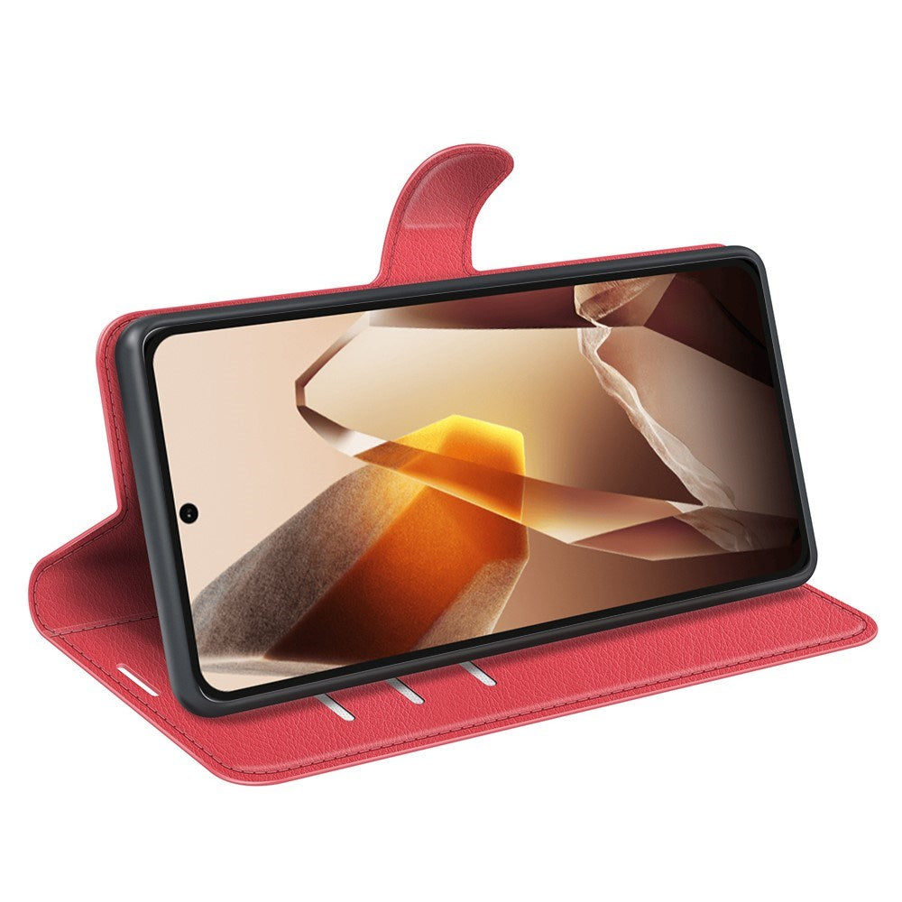 EIDERWOOD OnePlus 13 Stødresistent Læder Wallet Cover med Litchi Tekstur - Rød