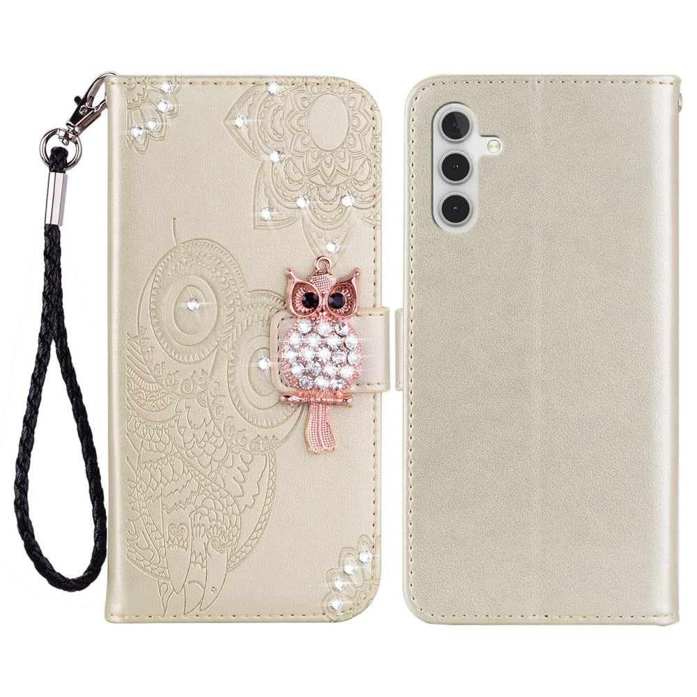 Samsung Galaxy S25 - EIDERWOOD Kunstlæder Flip Cover m. Uglemotiv - Guld
