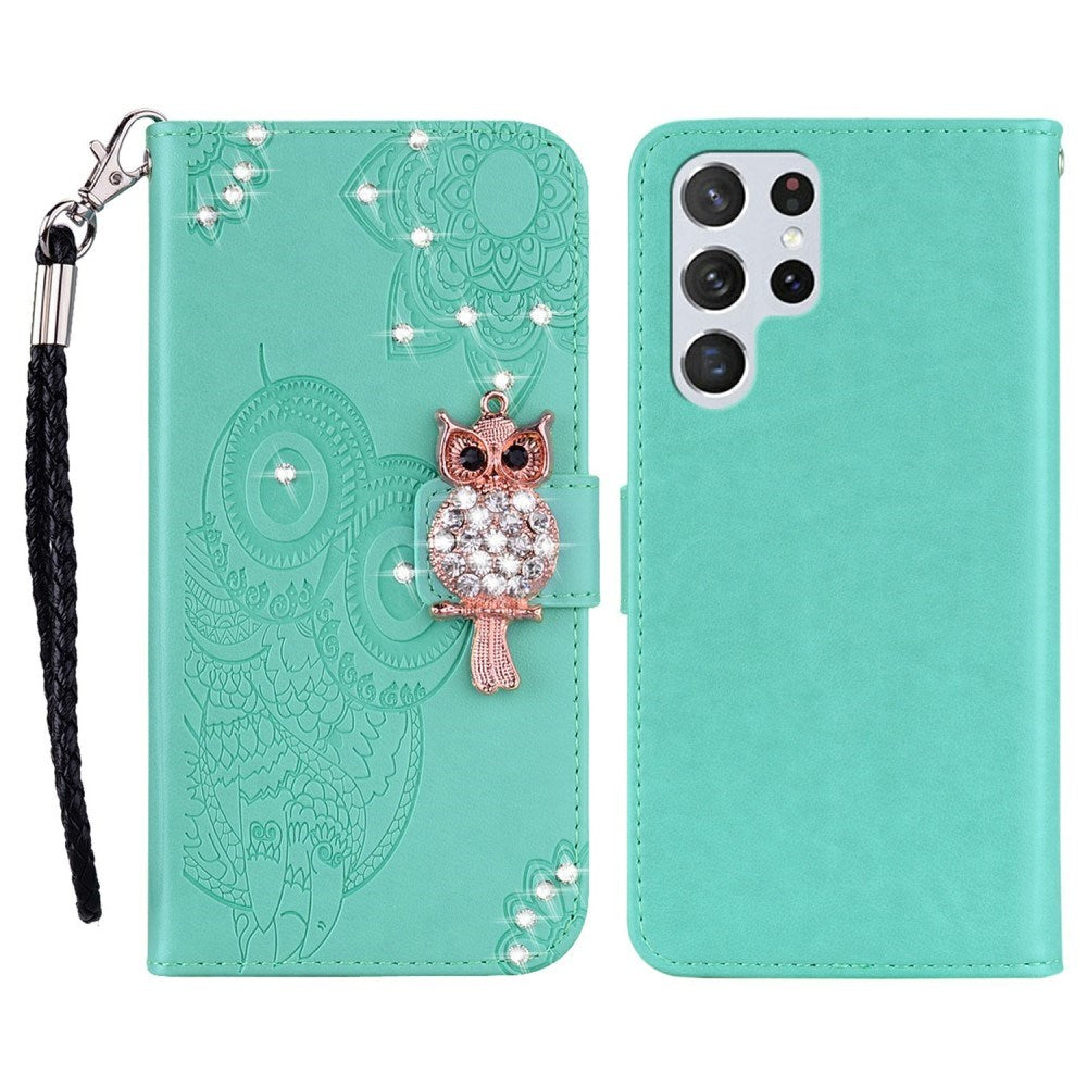 Samsung Galaxy S25 Ultra - EIDERWOOD Kunstlæder Flip Cover m. Uglemotiv - Turkis