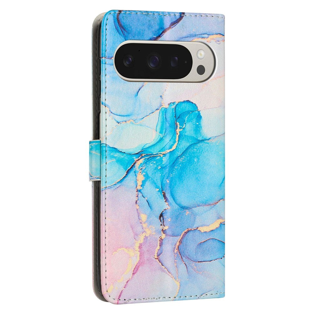 Google Pixel 10 Pro XL / 9 Pro XL - EIDERWOOD Marmormønstret Kunstlæder Flip Cover m. Strop - Lyserød / Blå