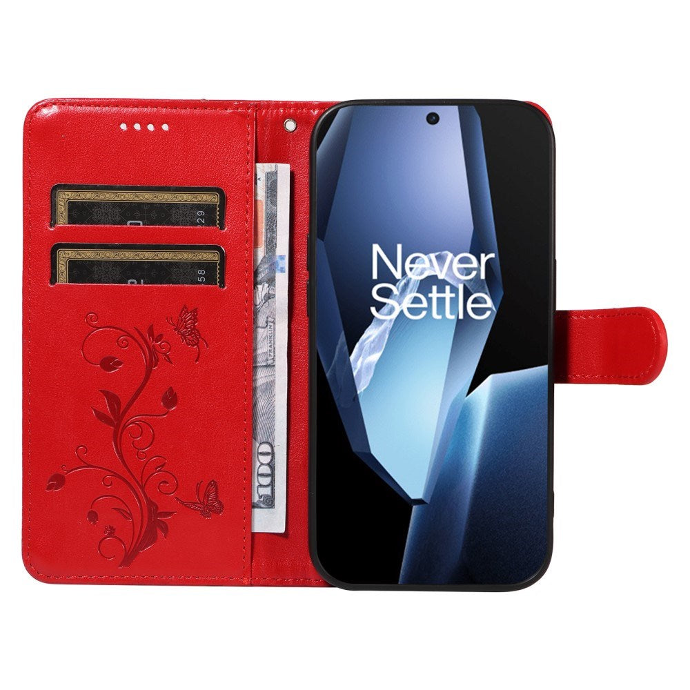 EIDERWOOD OnePlus 13R Flipcover med Indgraveret Motiv - inkl. Kortholder - Ståfunktion - Håndledsrem - Red