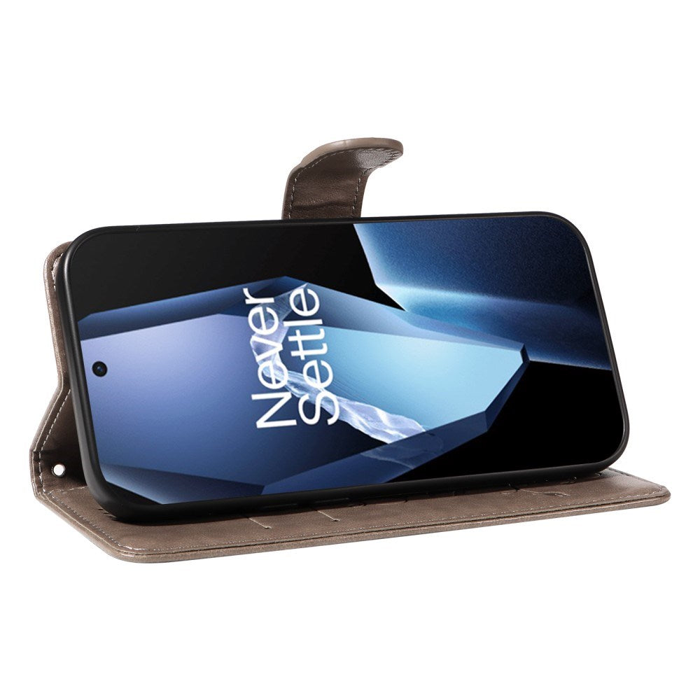 EIDERWOOD OnePlus 13R Flipcover med Indgraveret Motiv - inkl. Kortholder - Ståfunktion - Håndledsrem - Grå