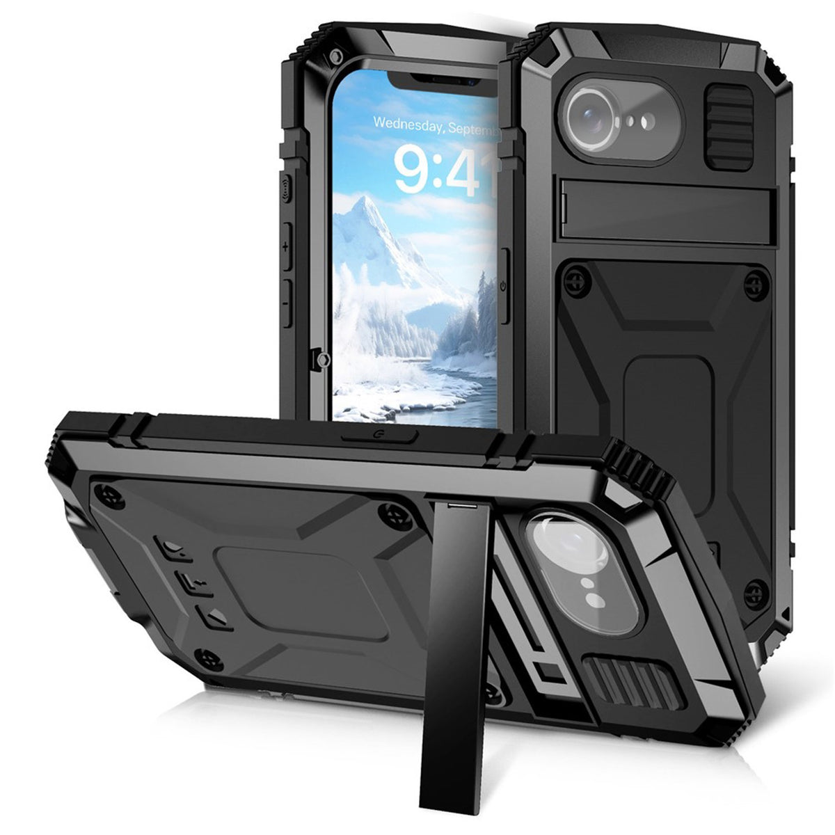 iPhone 17e / 16e R-JUST Hybrid Bagside Cover m. Indbygget Skærmbeskyttelse & Kickstand - Sort