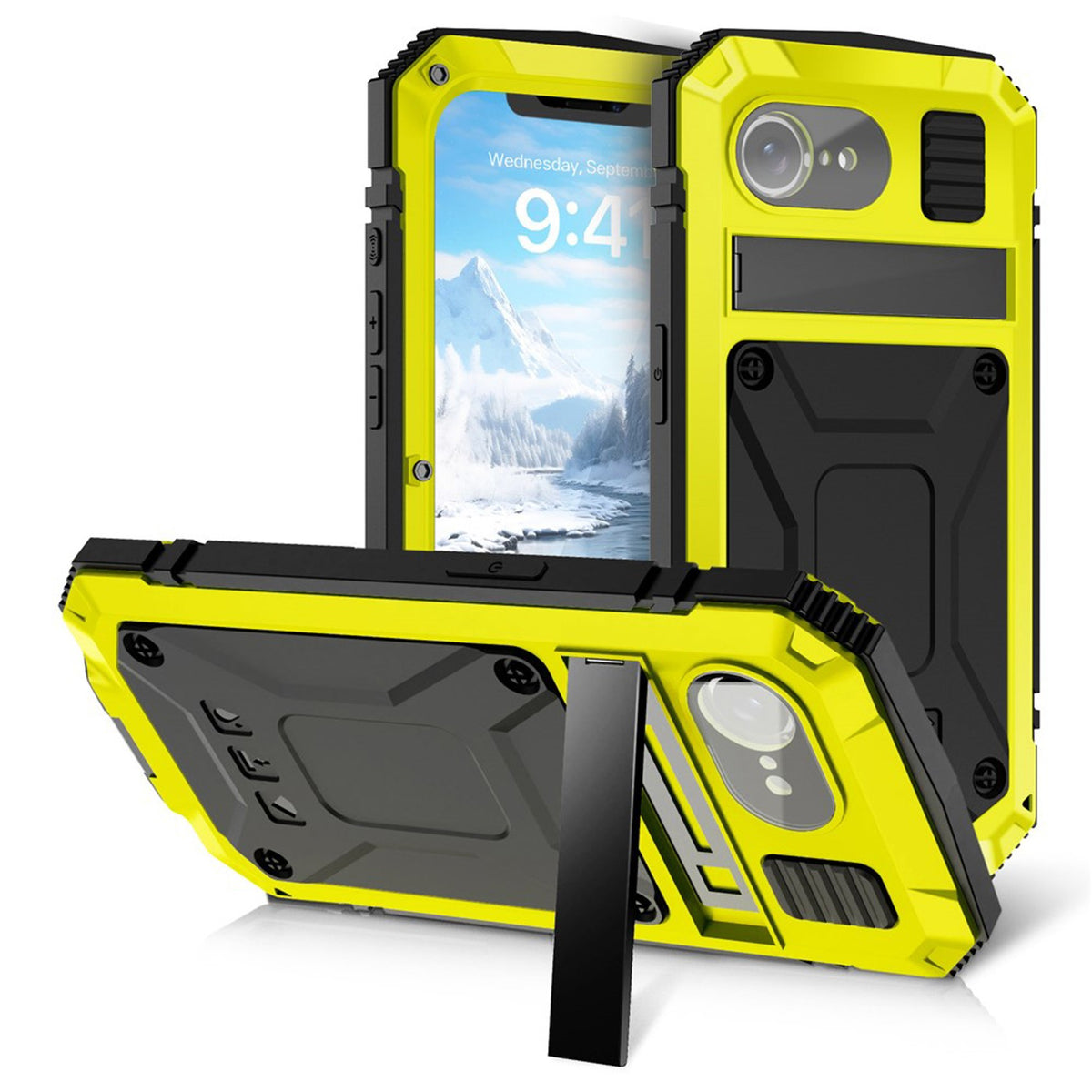 iPhone 17e / 16e R-JUST Hybrid Bagside Cover m. Indbygget Skærmbeskyttelse & Kickstand - Gul