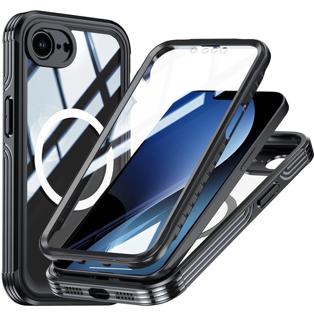 iPhone 17e / 16e Hybrid Plast Bagside Cover m. Skærmbeskyttelse - MagSafe Kompatibel - Gennemsigtig / Sort