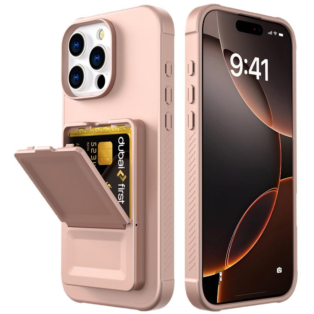 EIDERWOOD iPhone 16 Pro Fleksibelt Plastik Bagside Cover m. Kortholder & Indbygget Spejl - Rose Gold