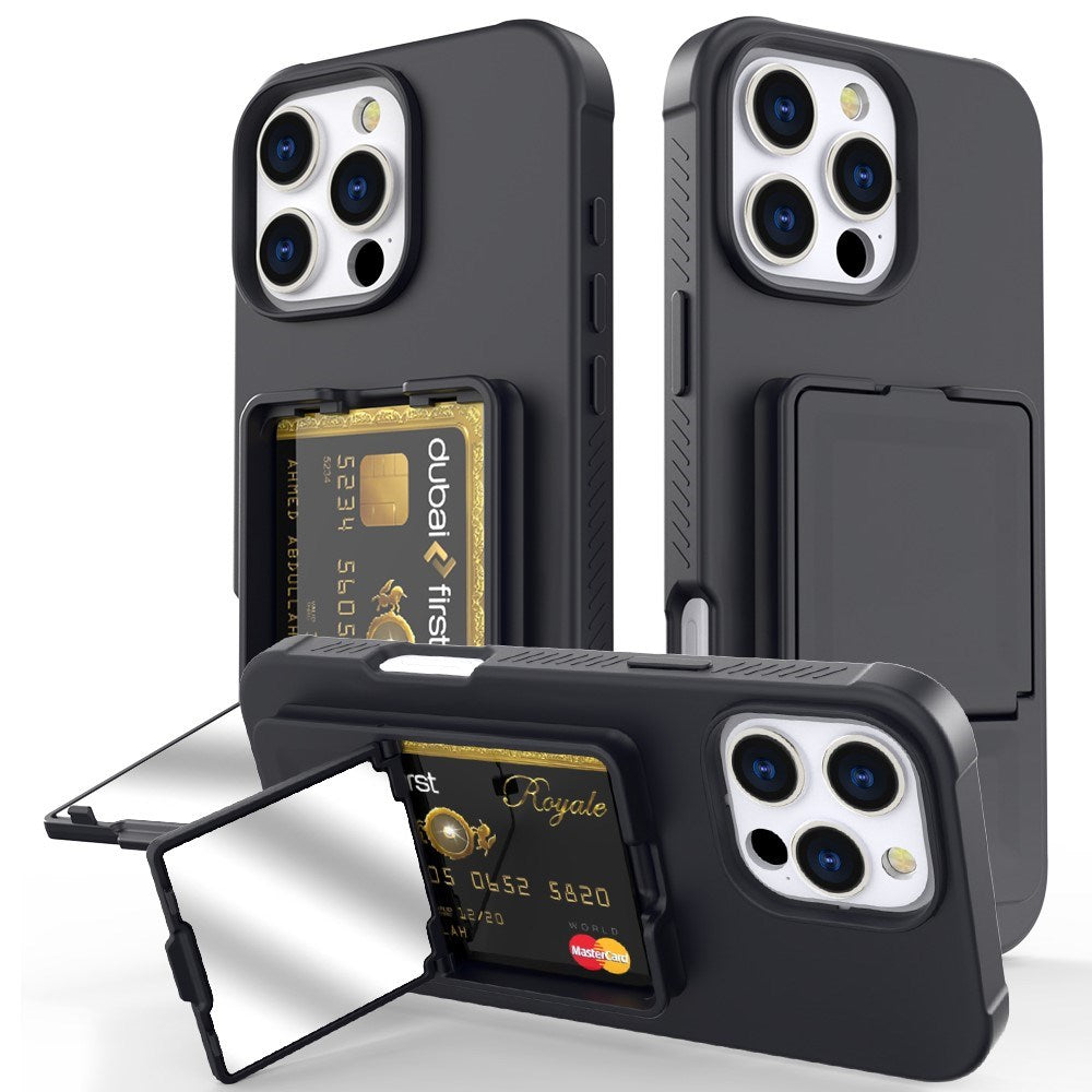 EIDERWOOD iPhone 16 Pro Fleksibelt Plastik Bagside Cover m. Kortholder & Indbygget Spejl - Sort