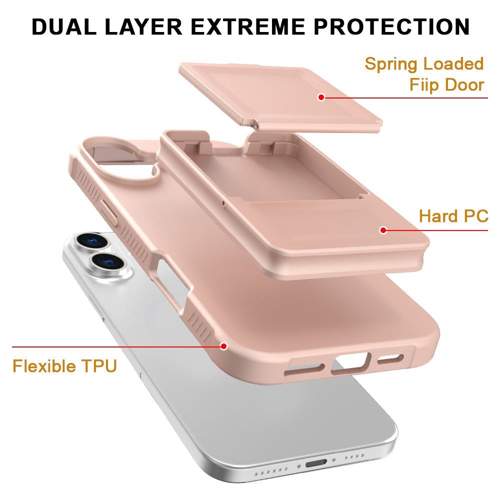 EIDERWOOD iPhone 16 Fleksibelt Plastik Bagside Cover m. Kortholder & Indbygget Spejl - Rose Gold