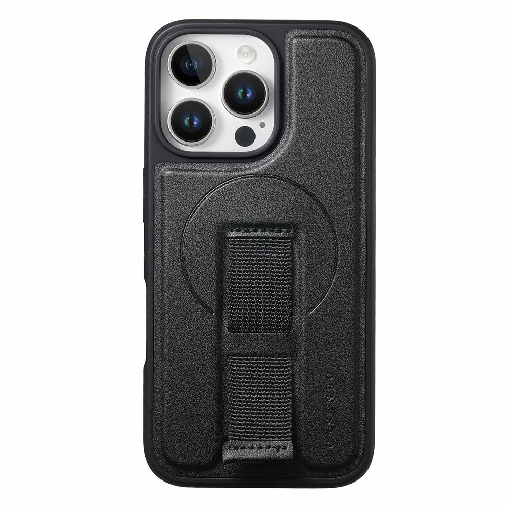 iPhone 16 Pro - Hårdt Plastik Cover m. Kunstlæder Bagside & Fingerrem - MagSafe Kompatibel - Sort