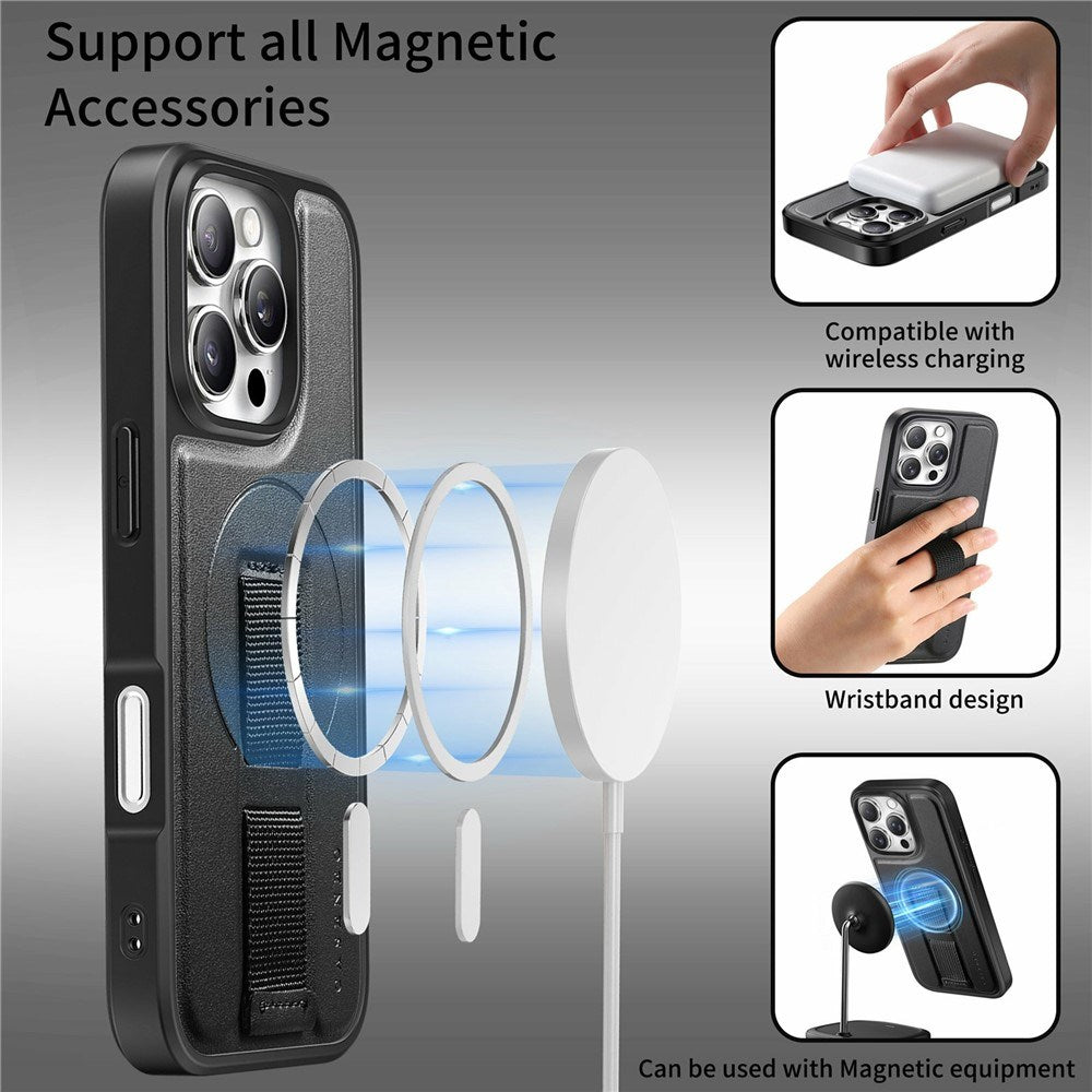 iPhone 16 Pro - Hårdt Plastik Cover m. Kunstlæder Bagside & Fingerrem - MagSafe Kompatibel - Sort