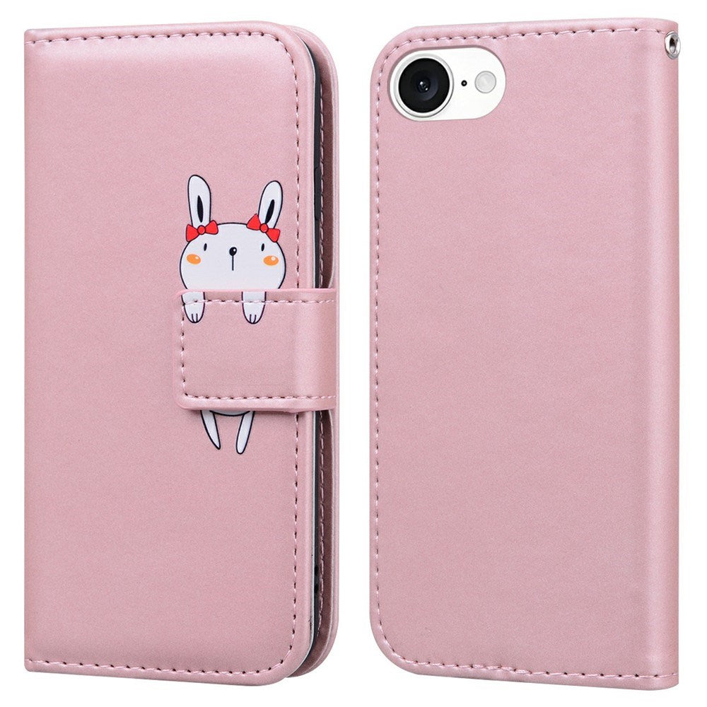 iPhone 17e / 16e Kunstlæder Flip Cover m. Figur & Ståfunktion - Lyserød
