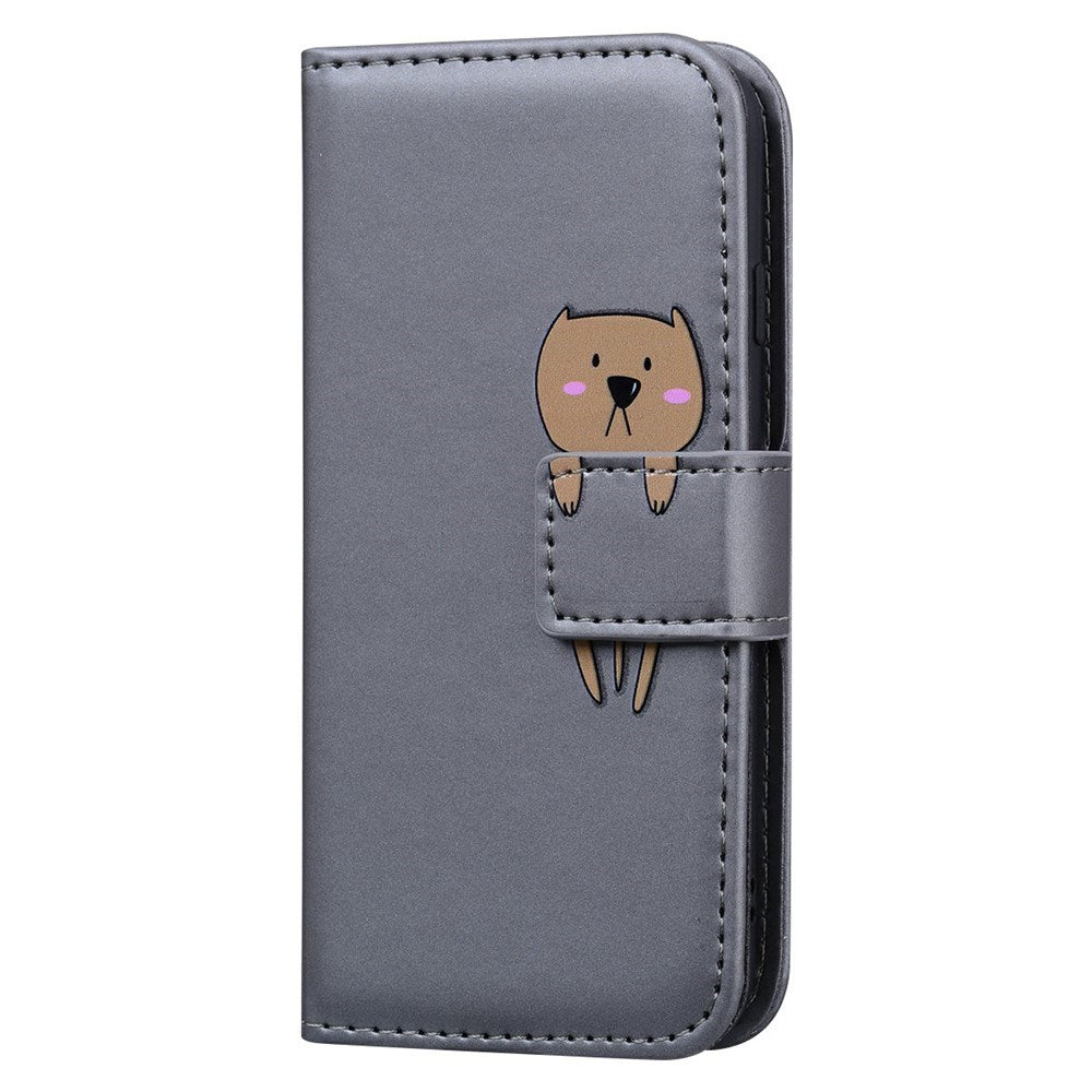 iPhone 17e / 16e Kunstlæder Flip Cover m. Figur & Ståfunktion - Grå