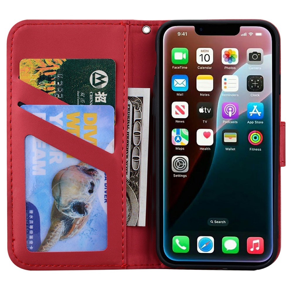 iPhone 17e / 16e Kunstlæder Flip Cover m. Figur & Ståfunktion - Rød