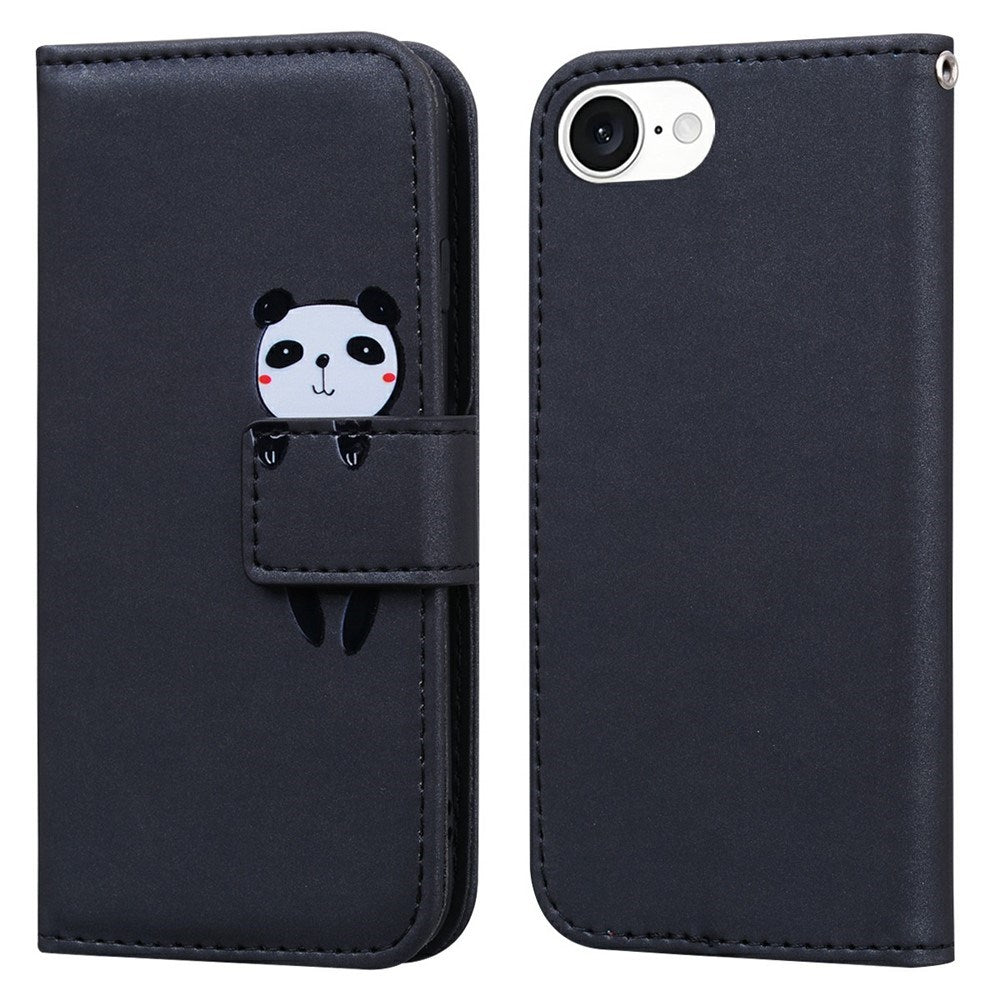 iPhone 17e / 16e Kunstlæder Flip Cover m. Figur & Ståfunktion - Sort
