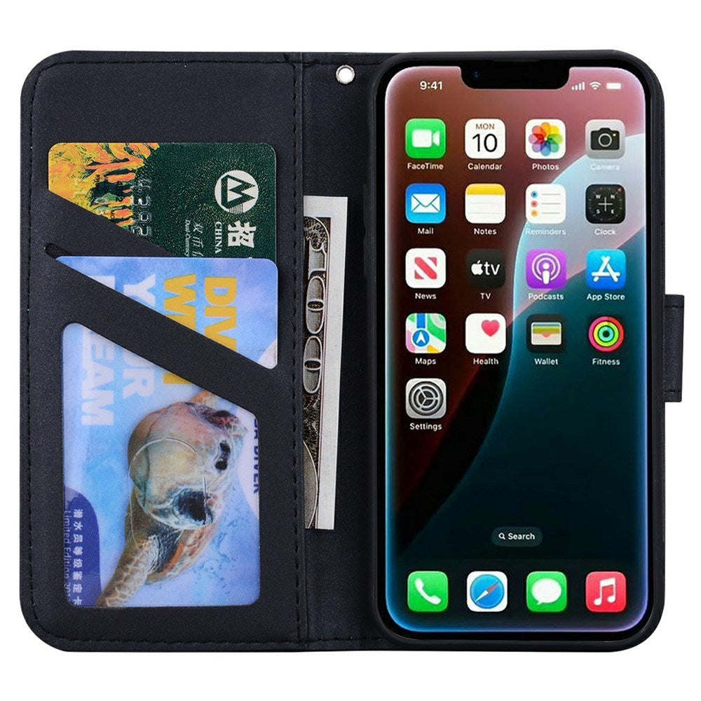iPhone 17e / 16e Kunstlæder Flip Cover m. Figur & Ståfunktion - Sort