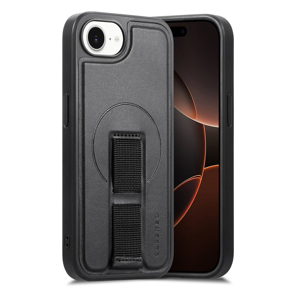 iPhone 16e - Hårdt Plastik Cover m. Kunstlæder Bagside & Fingerrem - MagSafe Kompatibel - Sort