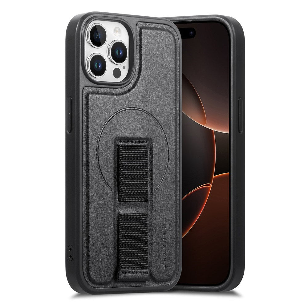 iPhone 12 / 12 Pro - Hårdt Plastik Cover m. Kunstlæder Bagside & Fingerrem - MagSafe Kompatibel - Sort