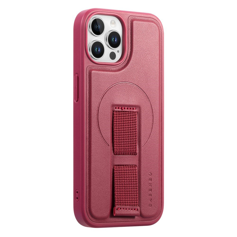 iPhone 12 / 12 Pro - Hårdt Plastik Cover m. Kunstlæder Bagside & Fingerrem - MagSafe Kompatibel - Rød