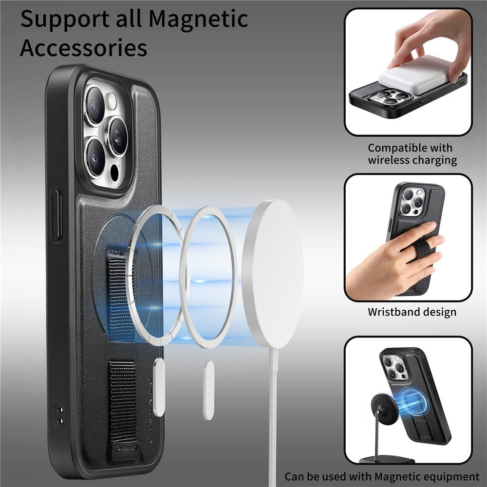 iPhone 14 Pro - Hårdt Plastik Cover m. Kunstlæder Bagside & Fingerrem - MagSafe Kompatibel - Sort