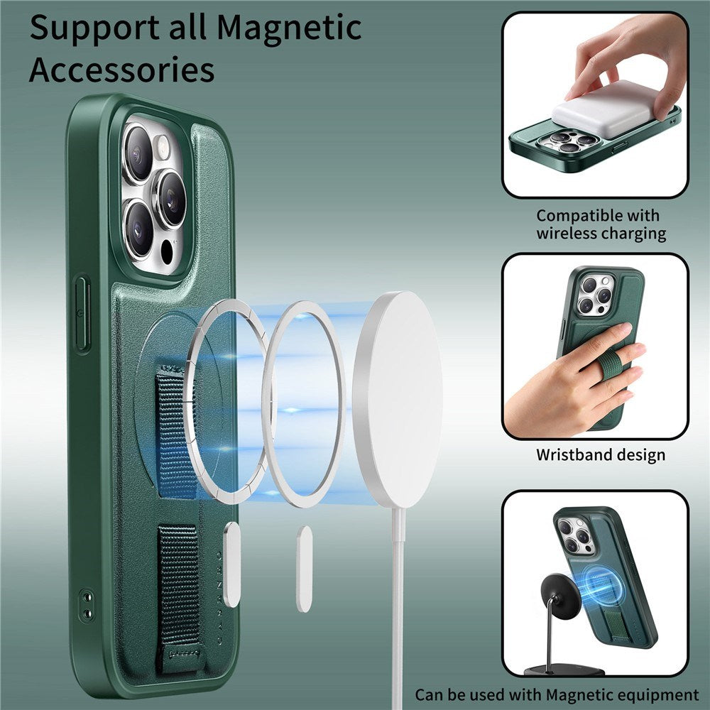 iPhone 15 Pro - Hårdt Plastik Cover m. Kunstlæder Bagside & Fingerrem - MagSafe Kompatibel - Grøn