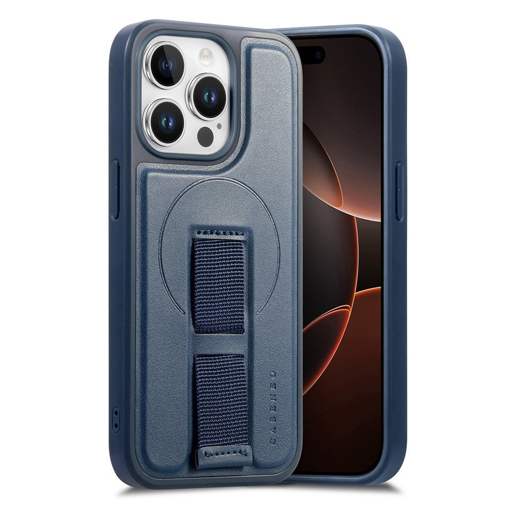 iPhone 15 Pro - Hårdt Plastik Cover m. Kunstlæder Bagside & Fingerrem - MagSafe Kompatibel - Blå