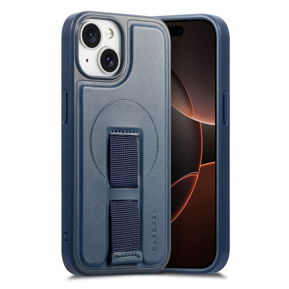 iPhone 15 - Hårdt Plastik Cover m. Kunstlæder Bagside & Fingerrem - MagSafe Kompatibel - Blå