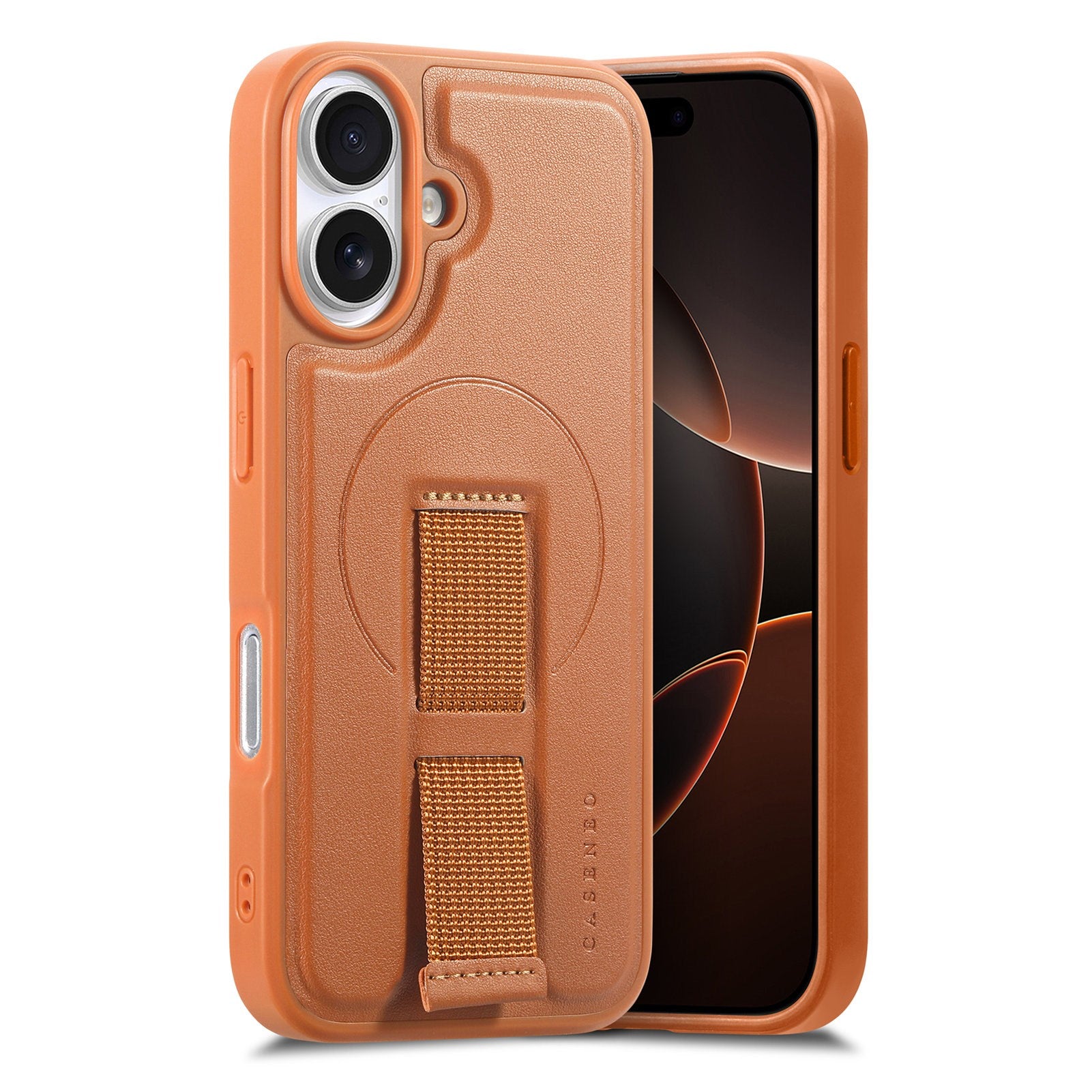iPhone 16 - Hårdt Plastik Cover m. Kunstlæder Bagside & Fingerrem - MagSafe Kompatibel - Brun