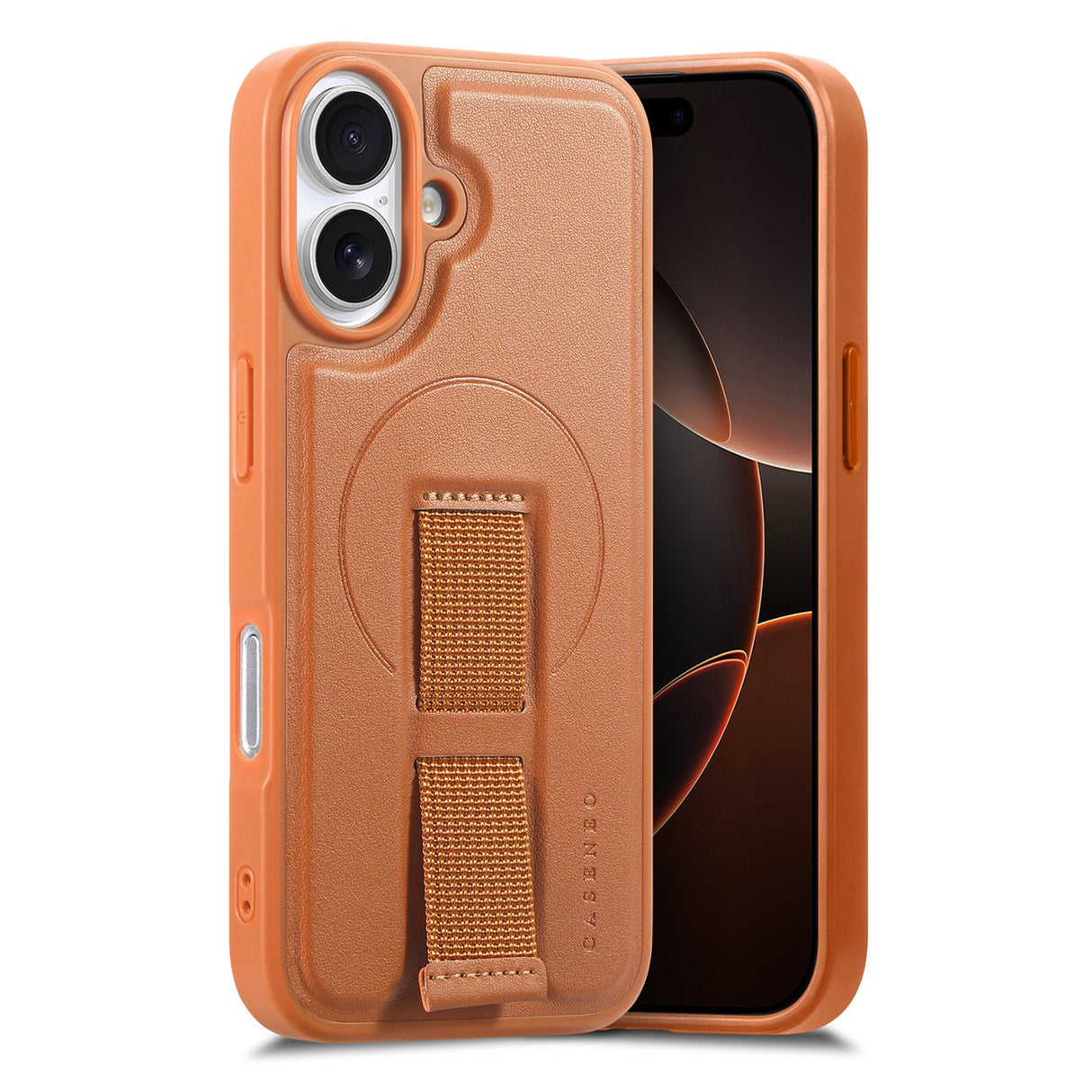 iPhone 16 - Hårdt Plastik Cover m. Kunstlæder Bagside & Fingerrem - MagSafe Kompatibel - Brun