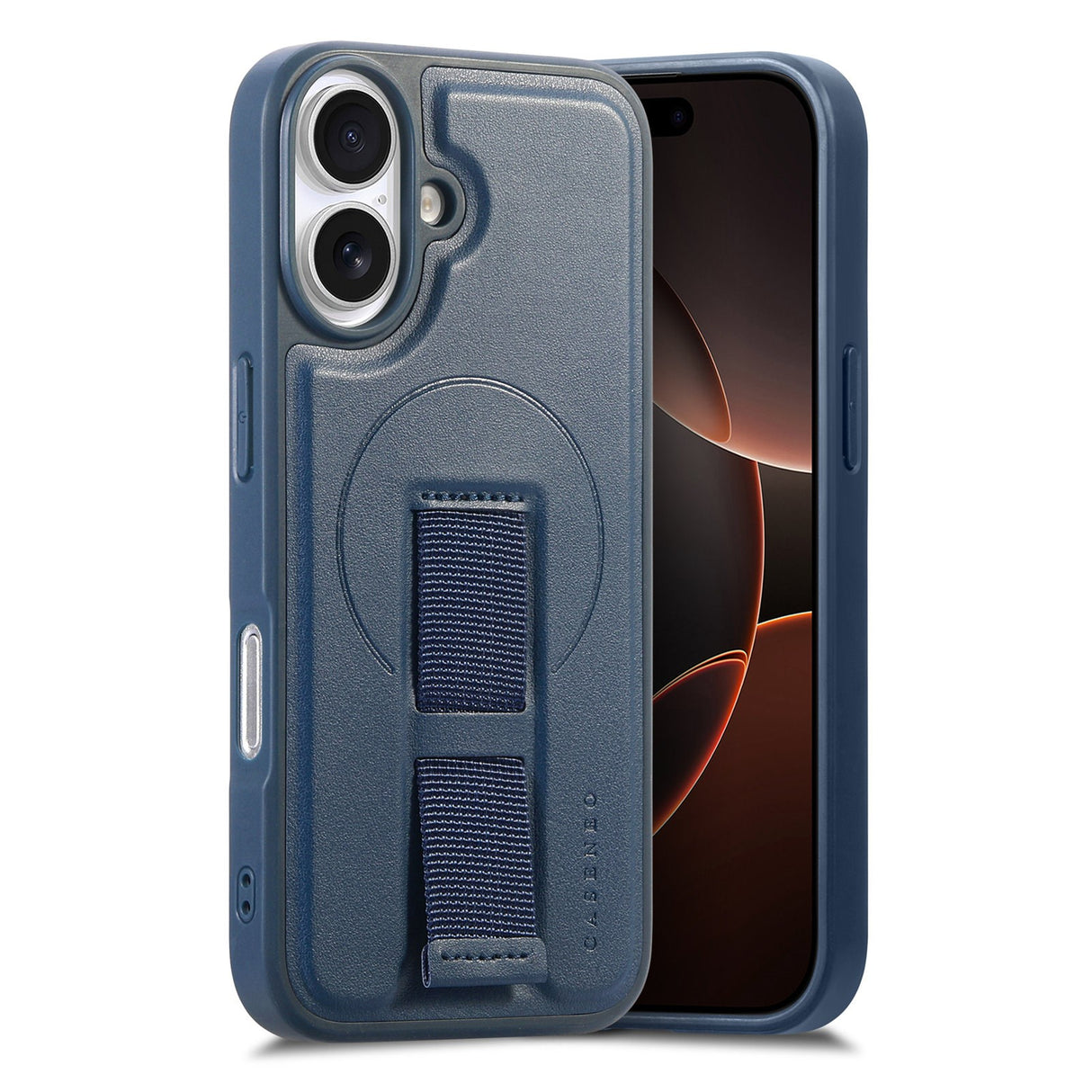 iPhone 16 - Hårdt Plastik Cover m. Kunstlæder Bagside & Fingerrem - MagSafe Kompatibel - Blå