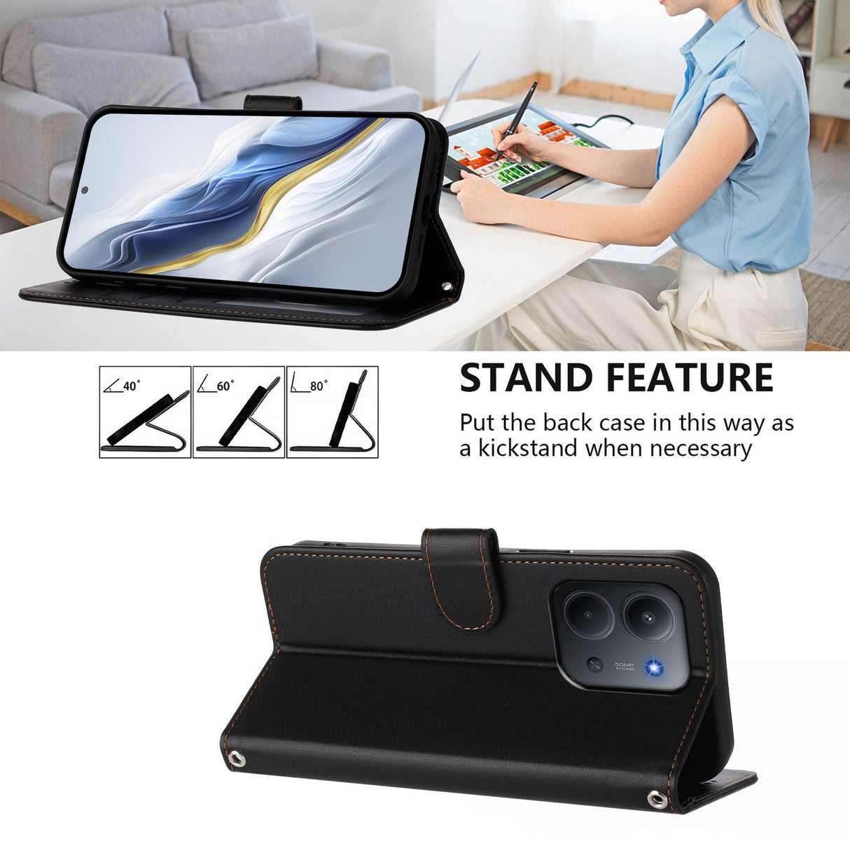 Xiaomi Redmi 15C (5G) / (4G) EIDERWOOD Flipcover m. Indbygget Kortholder & Ståfunktion - Sort