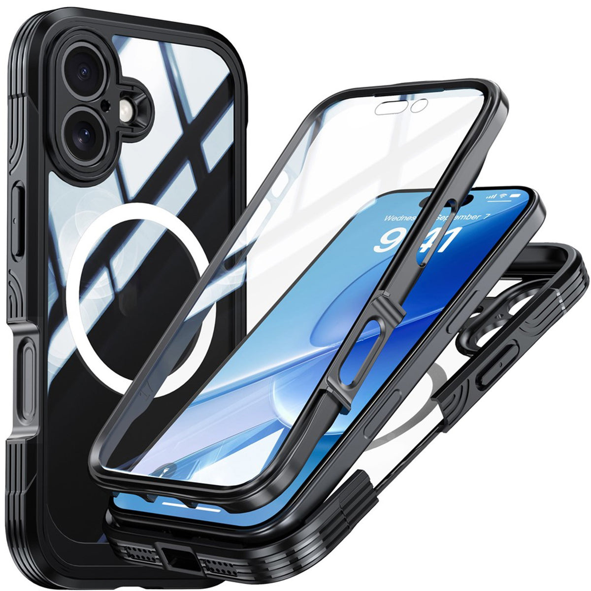 iPhone 17 Hybrid Plast Bagside Cover m. Skærmbeskyttelse - MagSafe Kompatibel - Gennemsigtig / Sort