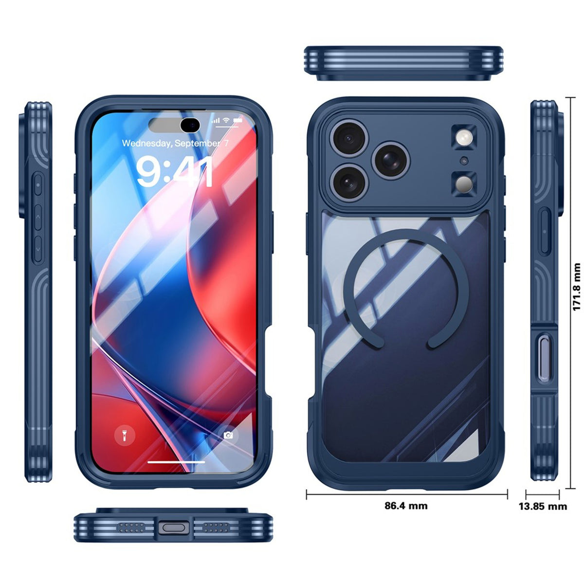iPhone 18 Pro / 17 Pro Hybrid Plast Bagside Cover m. Skærmbeskyttelse - MagSafe Kompatibel - Gennemsigtig / Blå