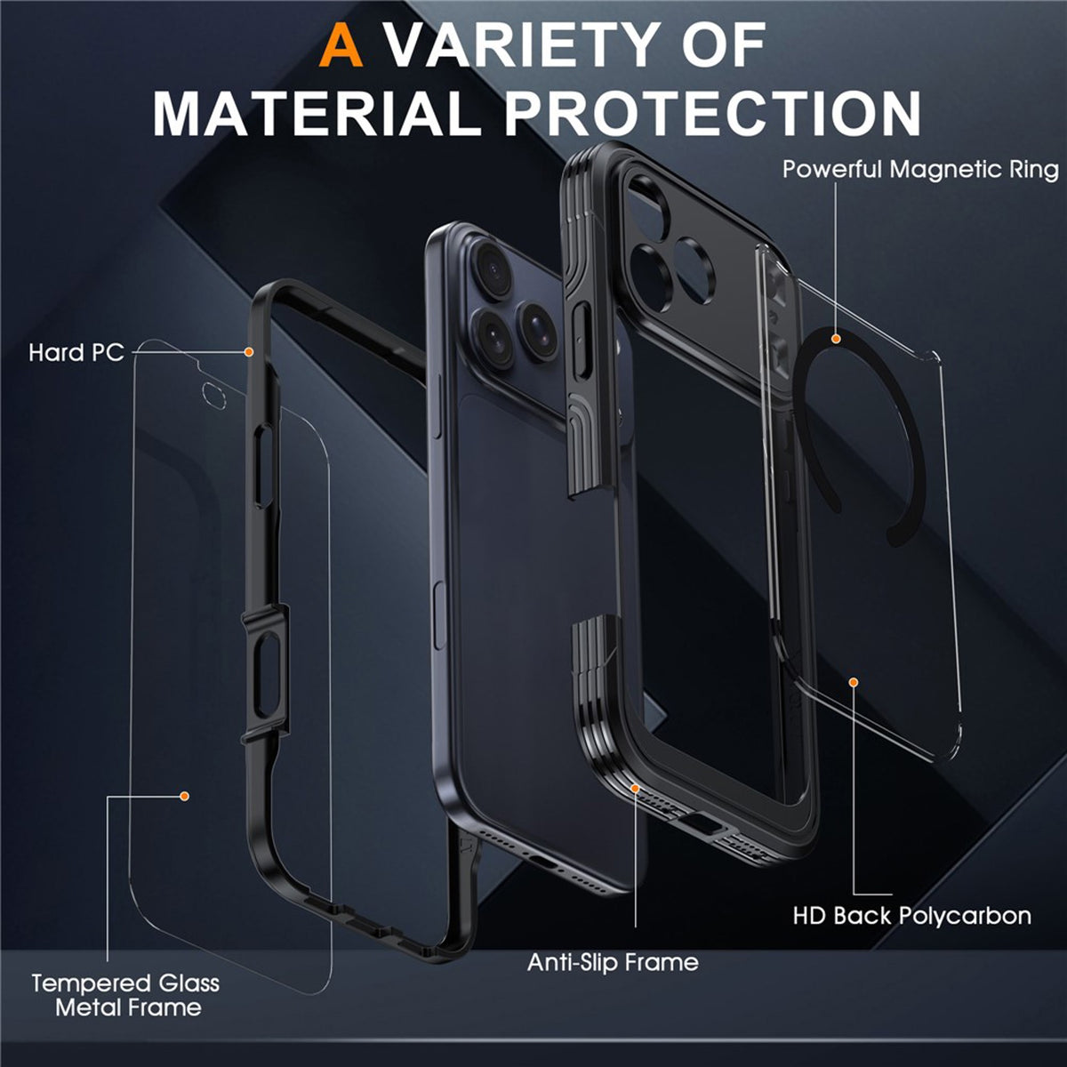 iPhone 18 Pro Max / 17 Pro Max Hybrid Plast Bagside Cover m. Skærmbeskyttelse - MagSafe Kompatibel - Gennemsigtig / Sort