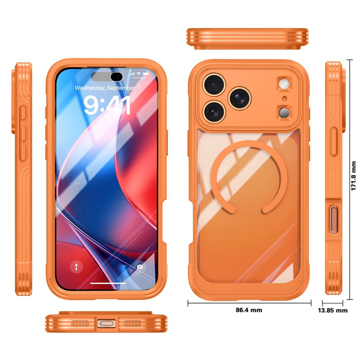 iPhone 18 Pro Max / 17 Pro Max Hybrid Plast Bagside Cover m. Skærmbeskyttelse - MagSafe Kompatibel - Gennemsigtig / Orange