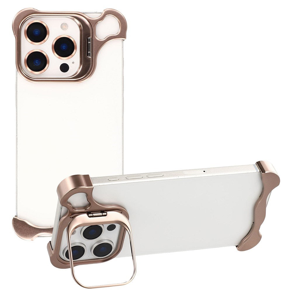 iPhone 16 Pro 2-i-1 Metal Bumper Cover - Ståfunktion & Linsebeskytter - Guld