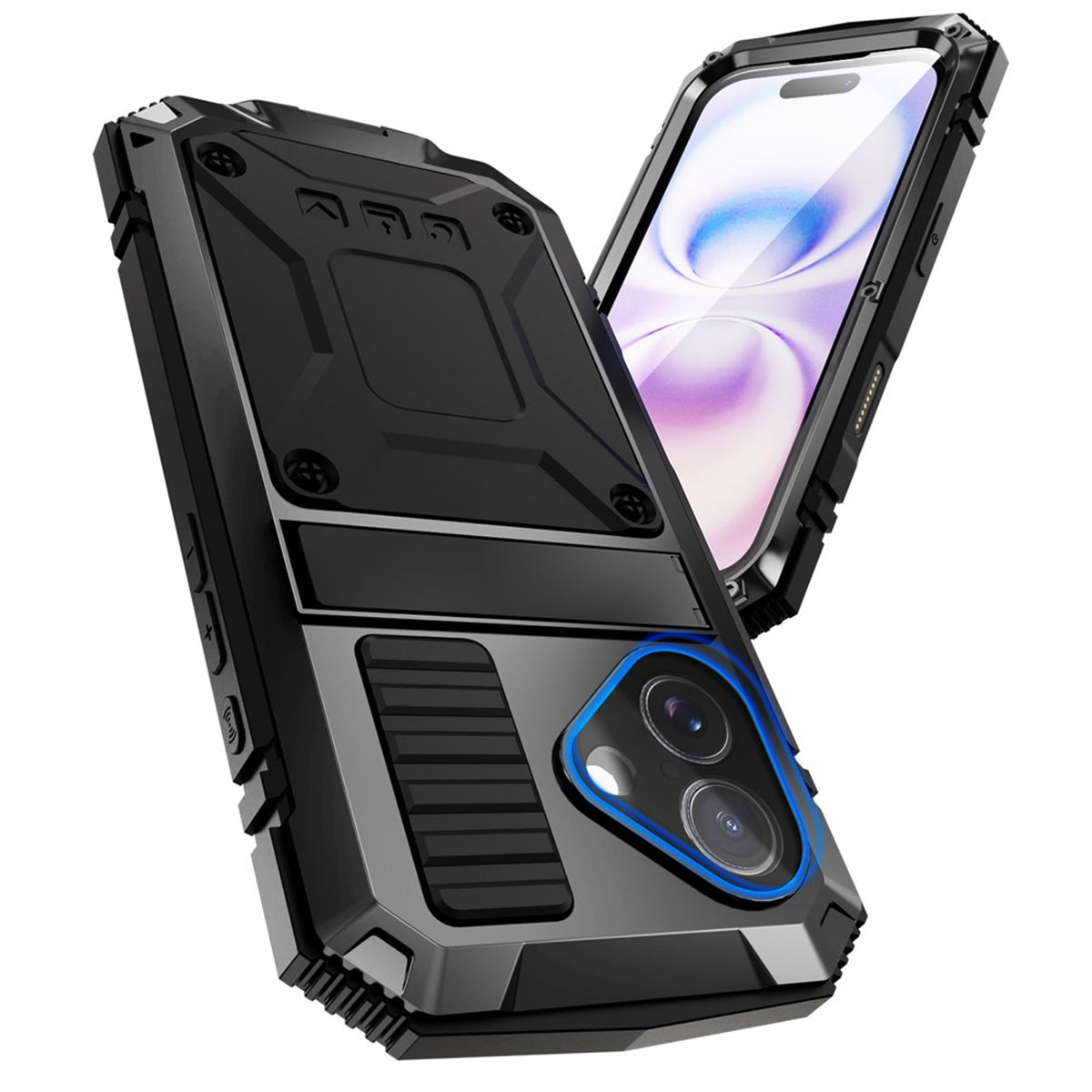 iPhone 17 R-JUST Hybrid Bagside Cover m. Indbygget Skærmbeskyttelse & Kickstand - Sort