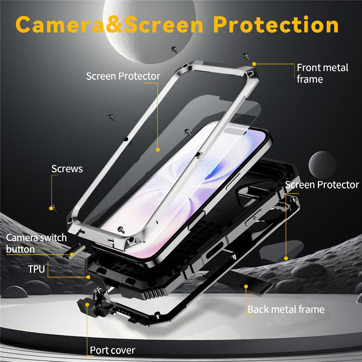 iPhone 17 R-JUST Hybrid Bagside Cover m. Indbygget Skærmbeskyttelse & Kickstand - Sølv