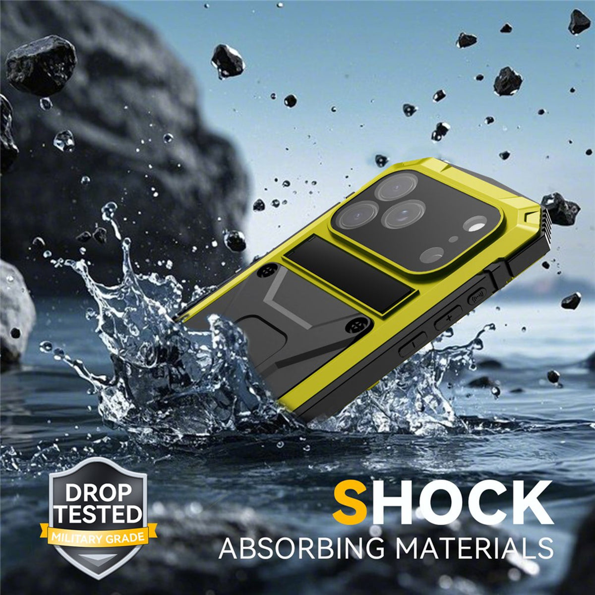iPhone 18 Pro / 17 Pro R-JUST Hybrid Bagside Cover m. Indbygget Skærmbeskyttelse & Kickstand - Gul