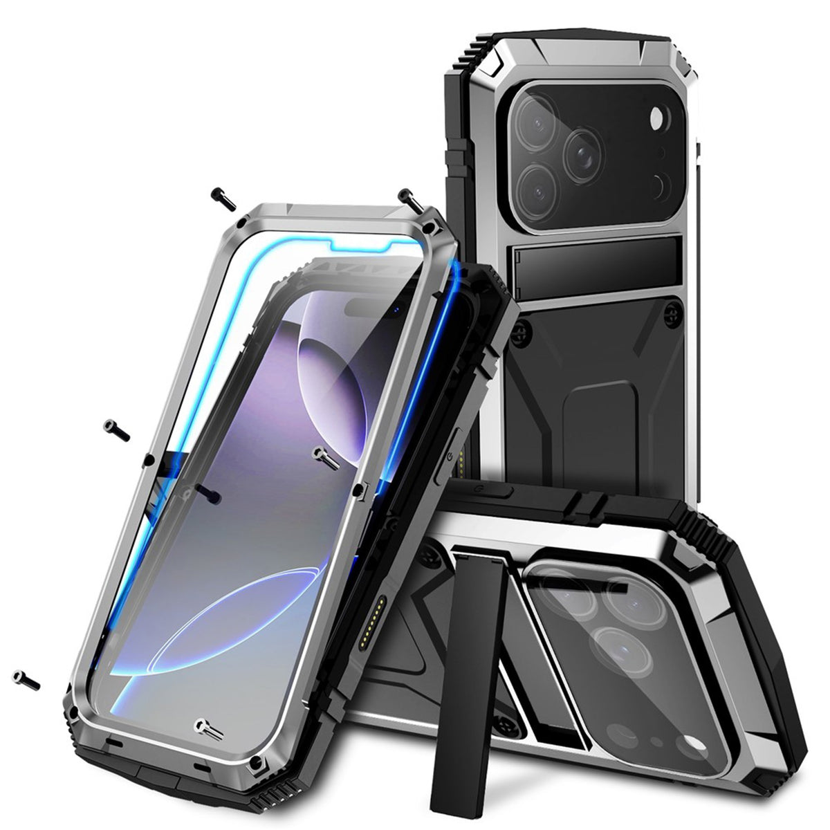 iPhone 18 Pro / 17 Pro R-JUST Hybrid Bagside Cover m. Indbygget Skærmbeskyttelse & Kickstand - Sølv