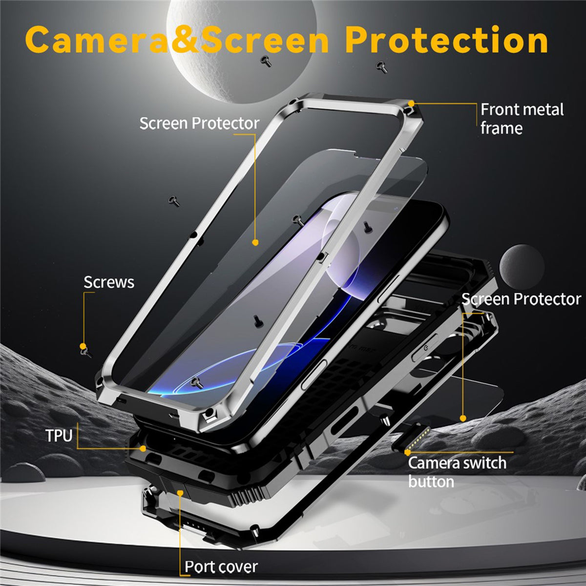 iPhone 18 Pro / 17 Pro R-JUST Hybrid Bagside Cover m. Indbygget Skærmbeskyttelse & Kickstand - Sølv