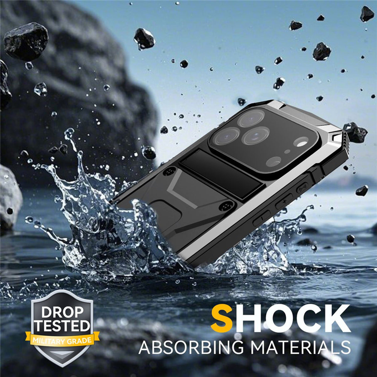 iPhone 18 Pro / 17 Pro R-JUST Hybrid Bagside Cover m. Indbygget Skærmbeskyttelse & Kickstand - Sølv