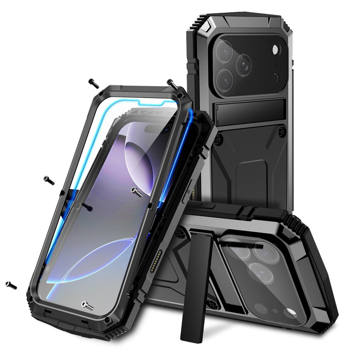 iPhone 18 Pro Max / 17 Pro Max R-JUST Hybrid Bagside Cover m. Indbygget Skærmbeskyttelse & Kickstand - Sort