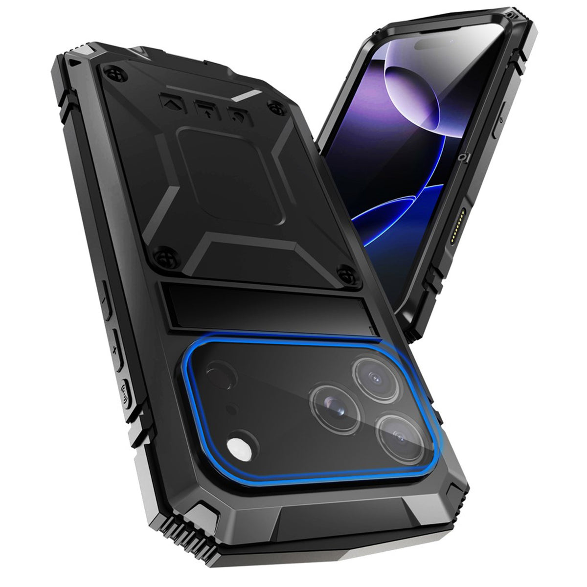 iPhone 18 Pro Max / 17 Pro Max R-JUST Hybrid Bagside Cover m. Indbygget Skærmbeskyttelse & Kickstand - Sort