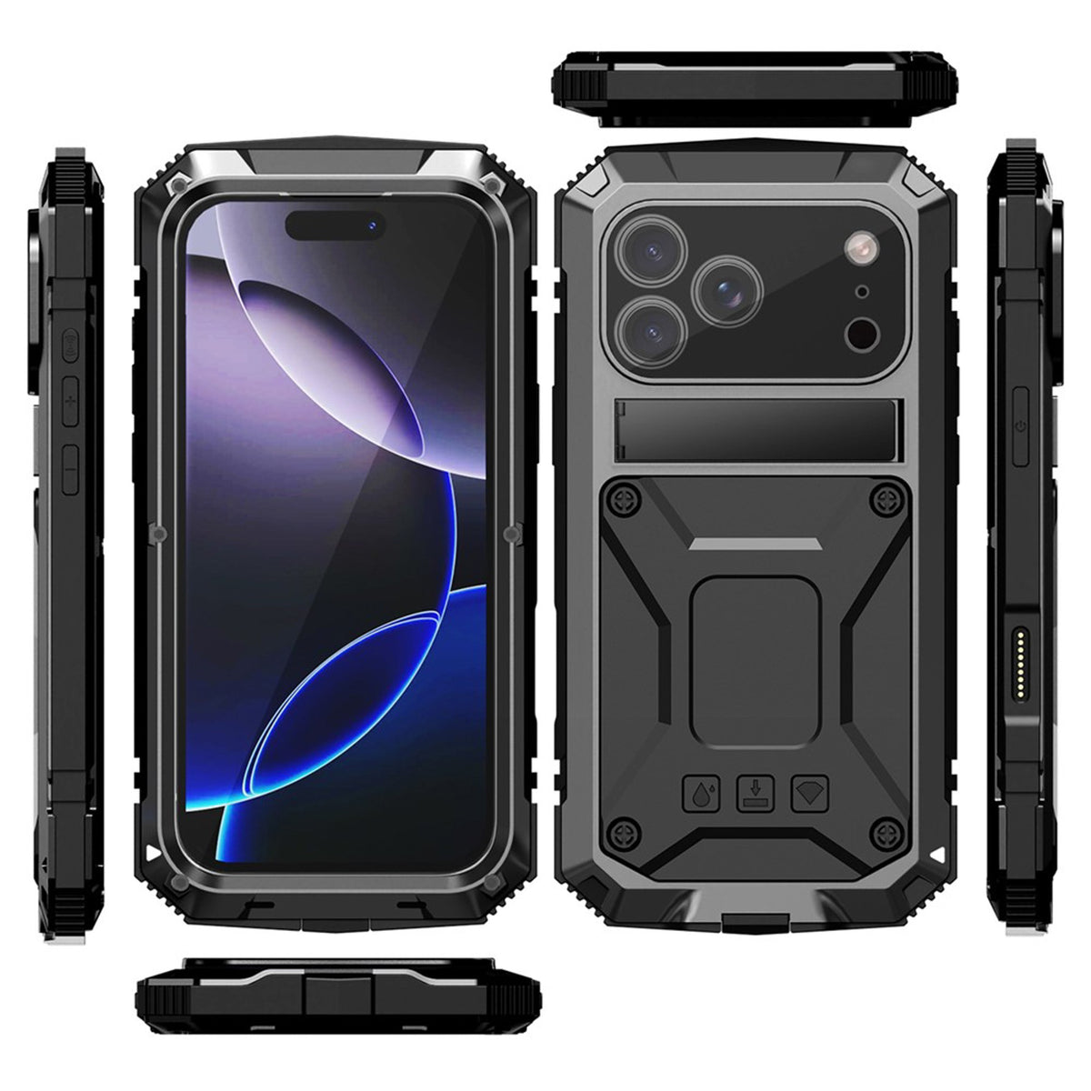 iPhone 18 Pro Max / 17 Pro Max R-JUST Hybrid Bagside Cover m. Indbygget Skærmbeskyttelse & Kickstand - Sort