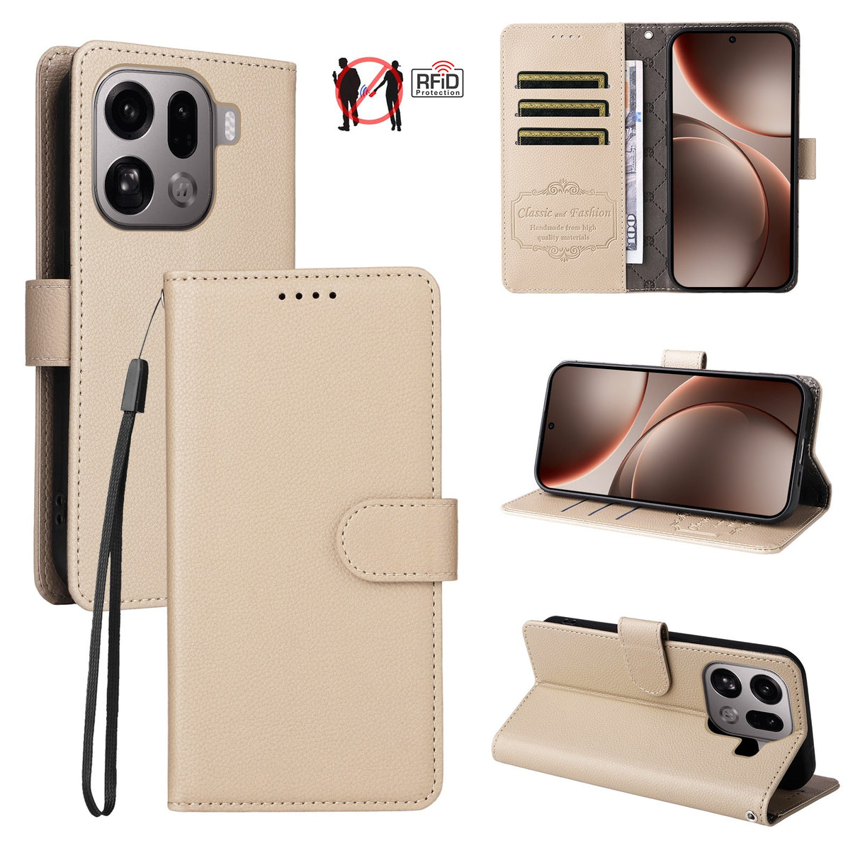 OPPO Find X9 Pro EIDERWOOD Kunstlæder Flip Cover - Strop - Beige