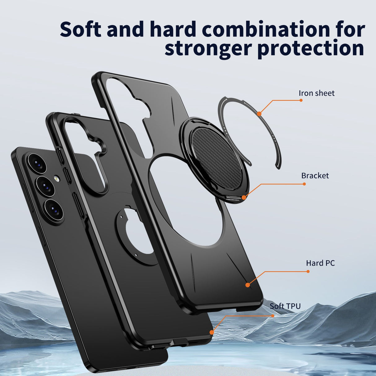 Samsung Galaxy S26 EIDERWOOD Hybrid Plast Bagside Cover - Roterende Kickstand - Sort