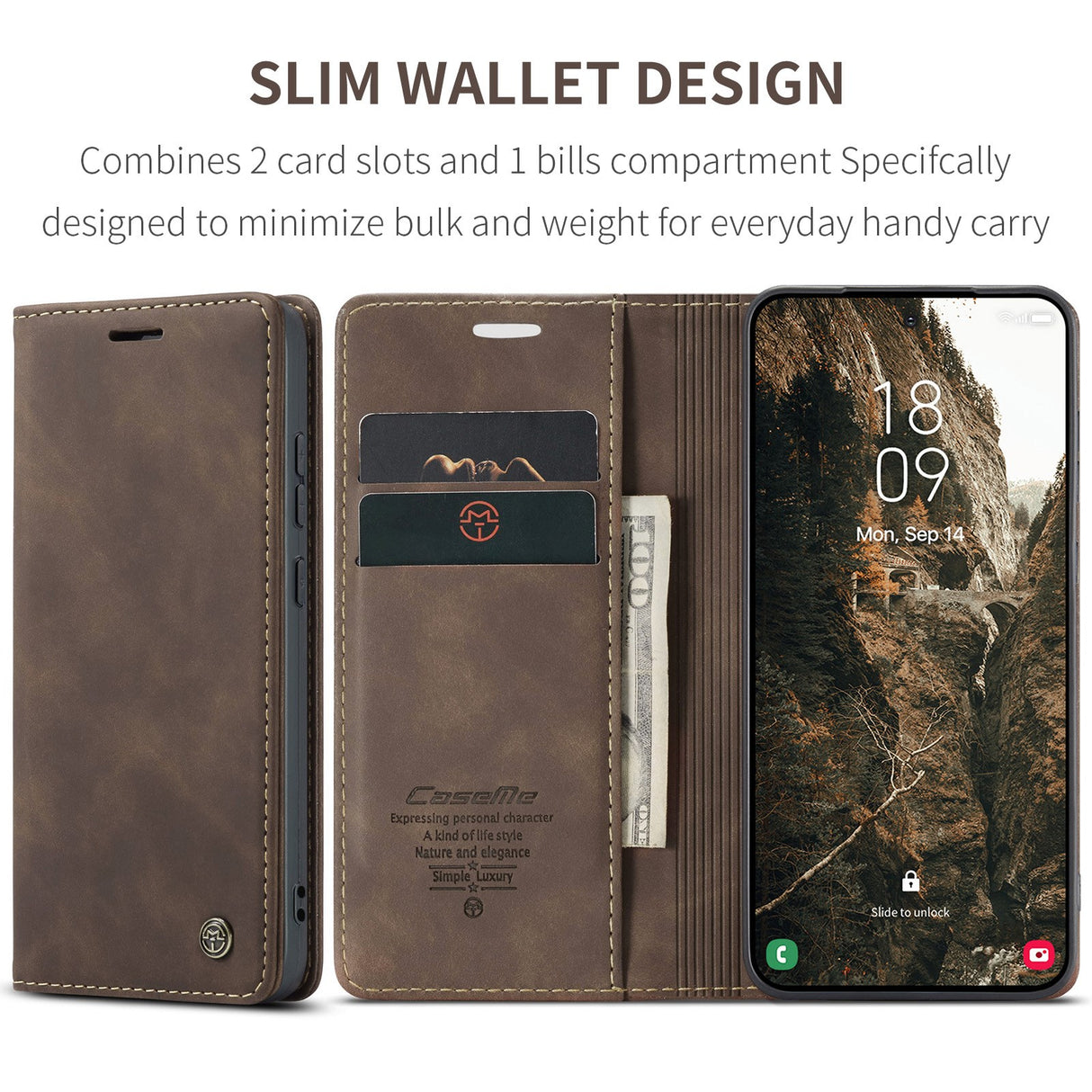 CASEME Samsung Galaxy S26 Kunstlæder Flip Cover m. Kortholder & Ståfunktion - Brun