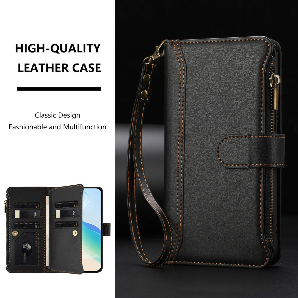OPPO A6x EIDERWOOD Flip Cover i Kunstlæder - 9 x Kortholder - Lynlåslomme - Sort